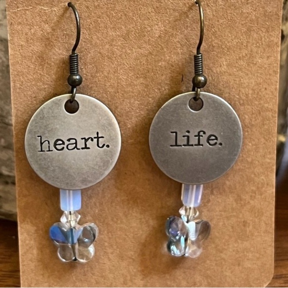 OOAK Artisan Heart Life Stamped Disc Earrings w/ Crystal Butterfly Dangle